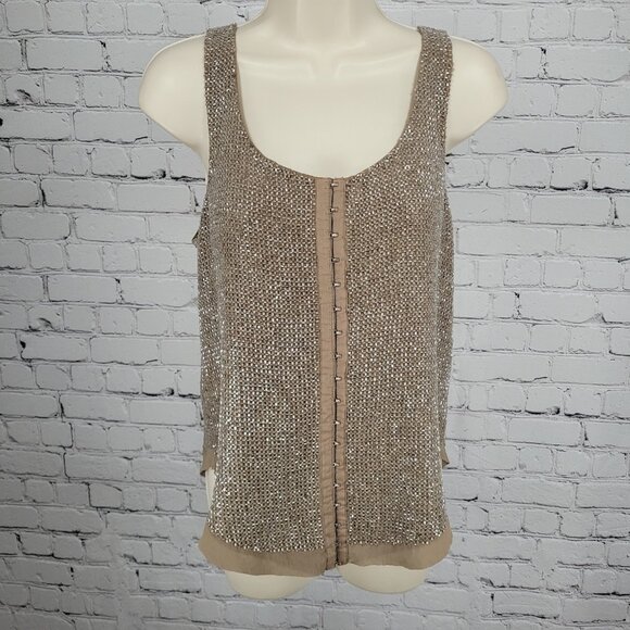 Renzo + Kai Brown 100% Silk Heavy Beaded Hook & Eye Lined Tank Top Size Small S - Picture 1 of 14